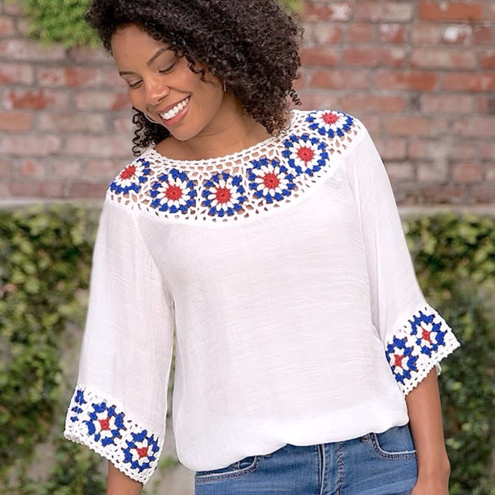 OLIVER Floral Crochet Collar and Sleeve Boho Tunic Top Size Small